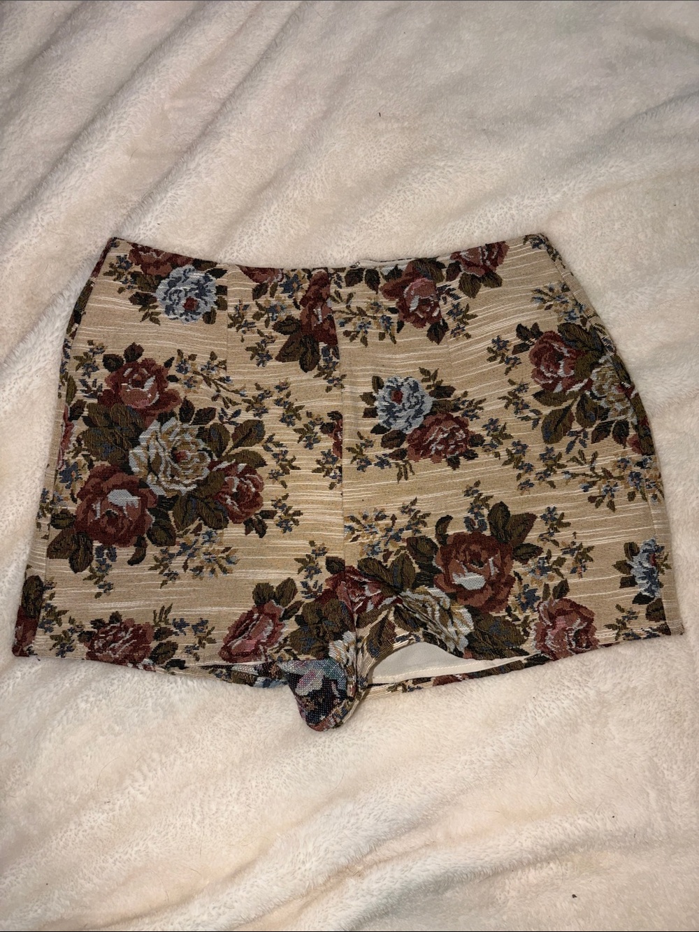 Vici Floral Tapestry High-Waist Shorts in Beige and Rose